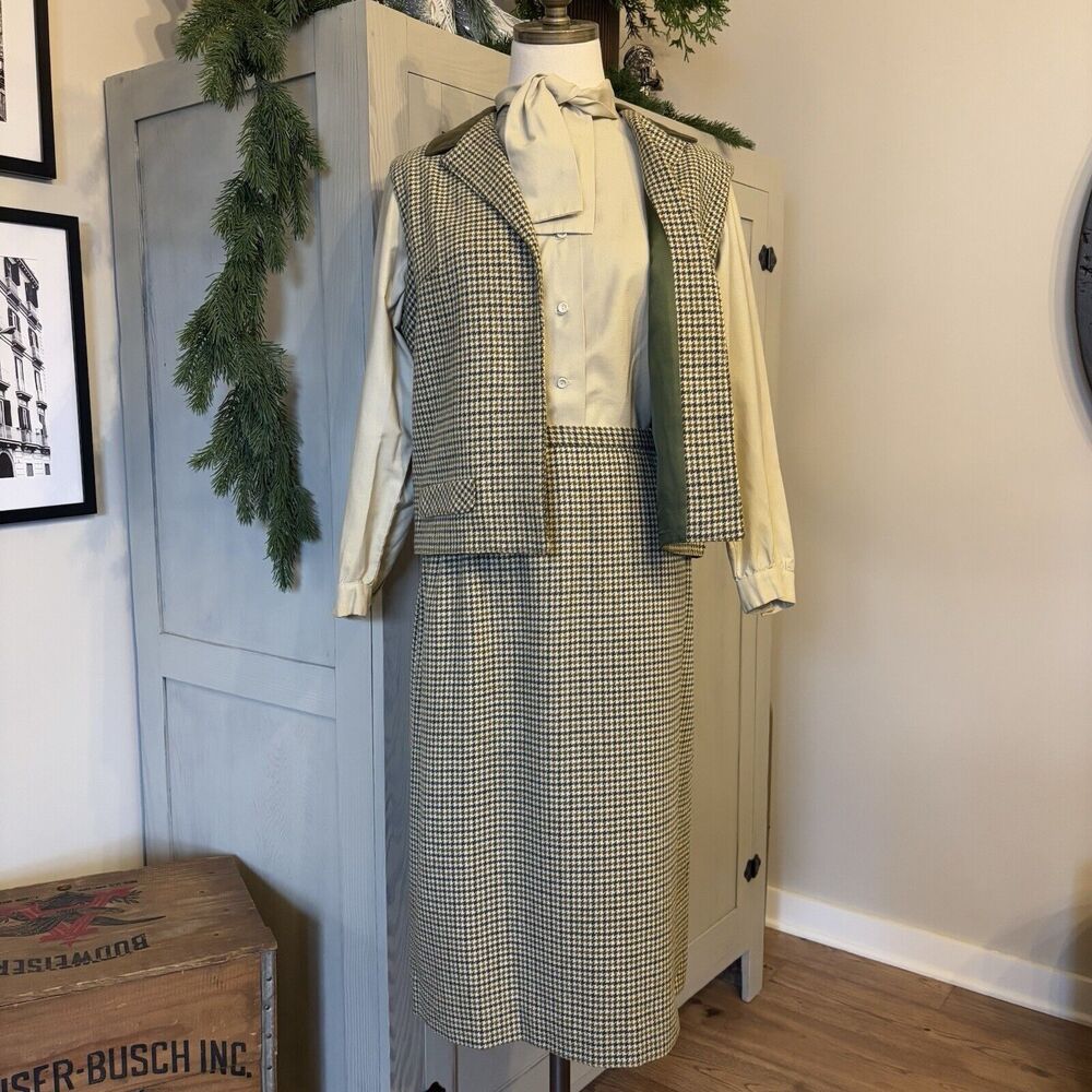 Rosecrest 3pc Skirt Blouse Vest Set Houndstooth Wool Neck Tie Women Small 40 50s